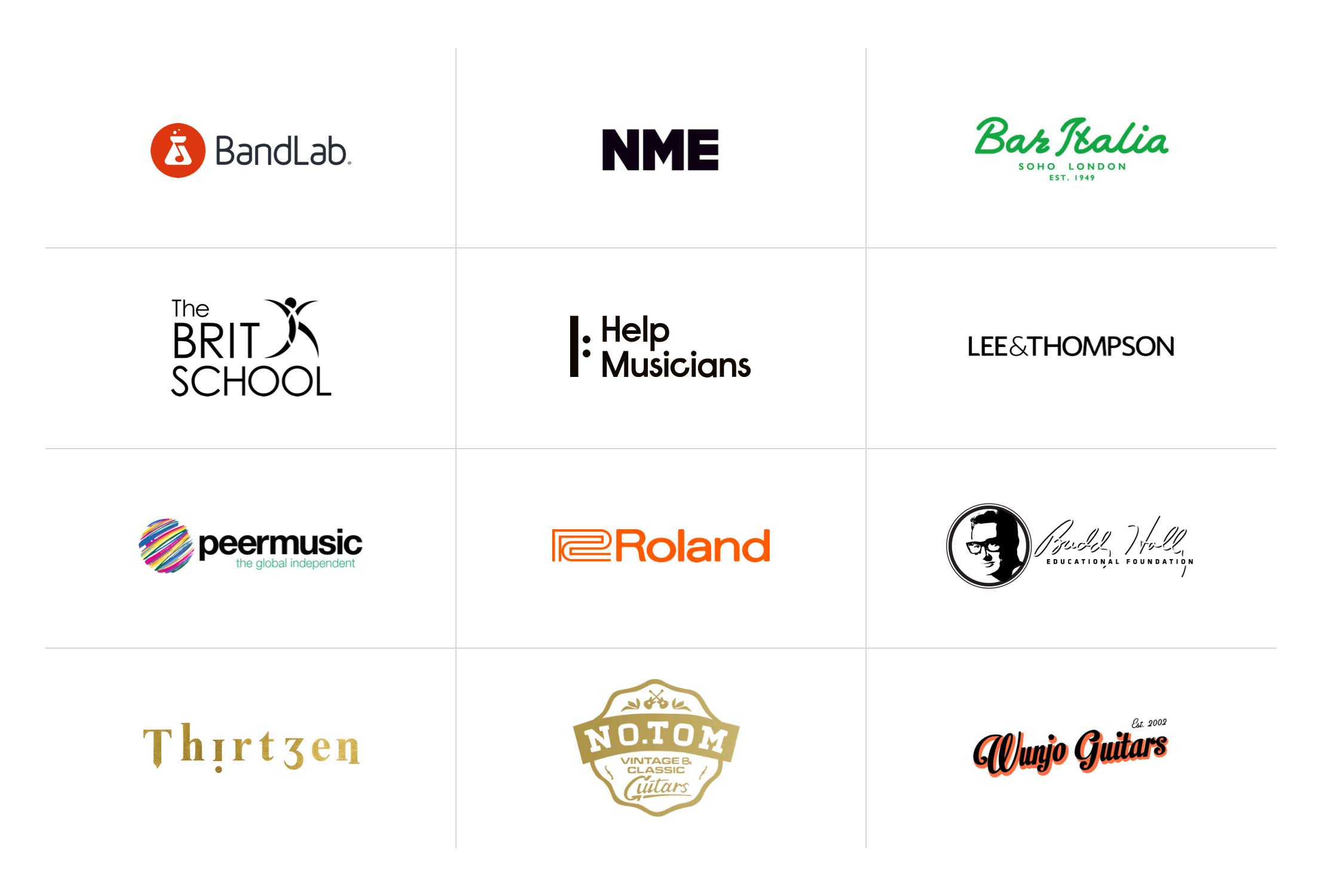 Grid of sponsor logos for the Denmark Street Songwriters Retreat