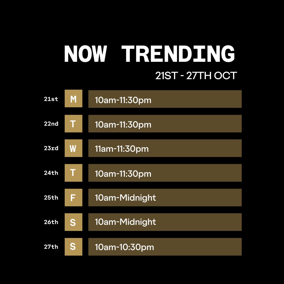 Now Trending Opening Times 21st-27th October 2024